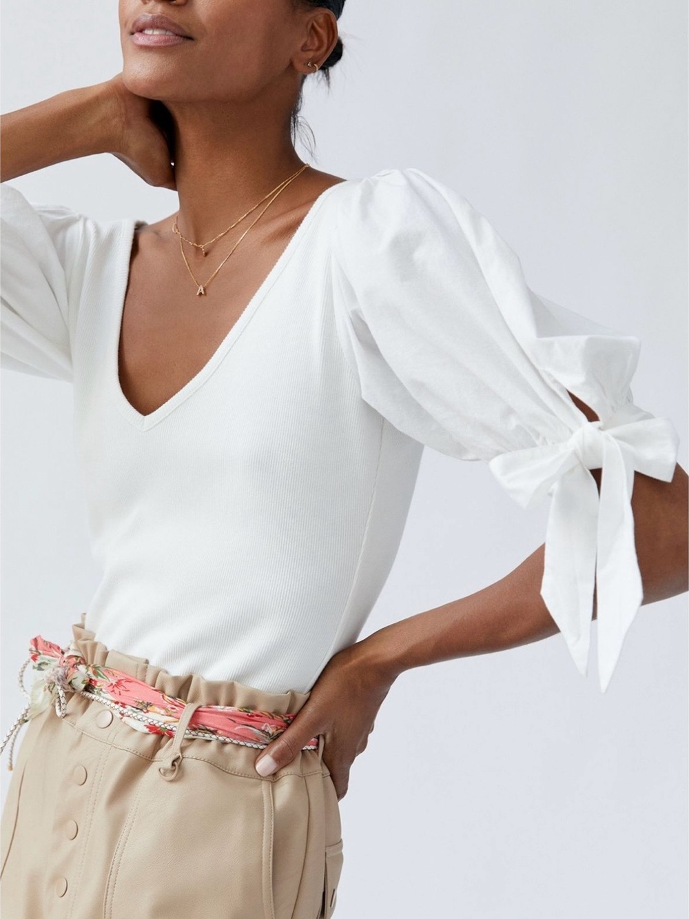 Maeve Puff-Sleeved Top White V-Neck Top with Tie Detail